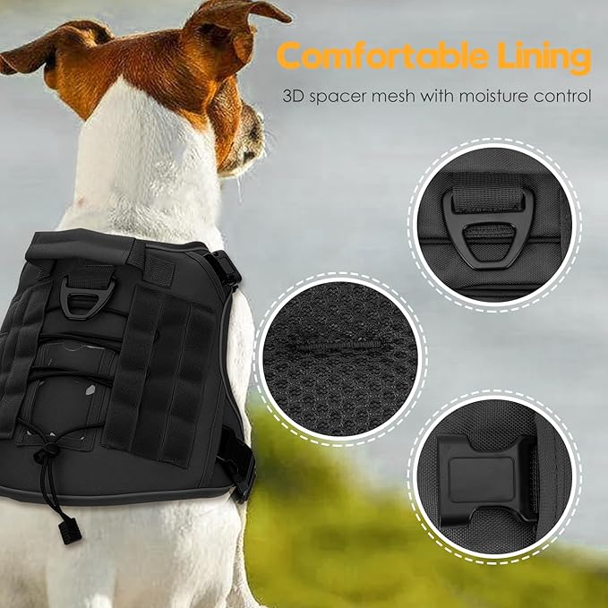 Heavy-Duty Tactical Dog Harness for Large Dogs, No Pull Adjustable Reflective Pet Vest with Molle System, K9 Military-Grade Control for Service Training, Outdoor & 10+ Breeds, Black, Large