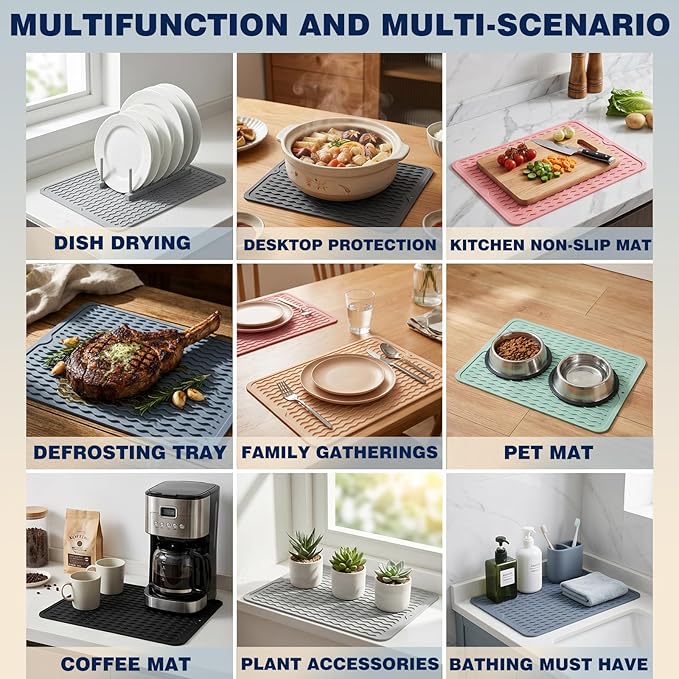 CAKETIME 2 Pack Silicone Dish Drying Mat for Kitchen Counter Coffee Bar Accessories Heat Resistant Waterproof Dining Under Sink Organizers Dog Food mat Must Haves Extra Large 18"x16" Gray