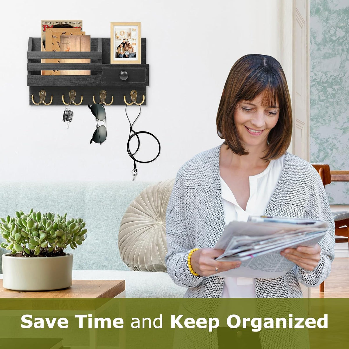 Key Holder Wall Mount, Wooden Adhesive Mail and Key Organizer with Drawer, Small Shelf, 8 Hooks, 2 Installation Methods, Black