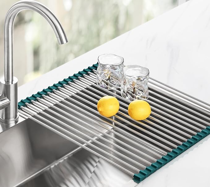 Tomorotec Stainless Steel Roll Up Dish Drying Rack, Foldable Over The Sink Rolling Drainer Rack, Multipurpose Kitchen Gadget Draining Caddy Organizer, Space Saving Sink Accessory Storage Shelf Holder