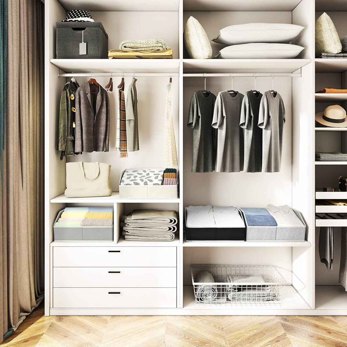 Closet Organizers Bins 6 Packs - Large Closet Shelf Organizer with Handles, Fabric Trapezoid Storage Bins, Collapsible Storage Cubes for Clothes, Towels, Light Gray