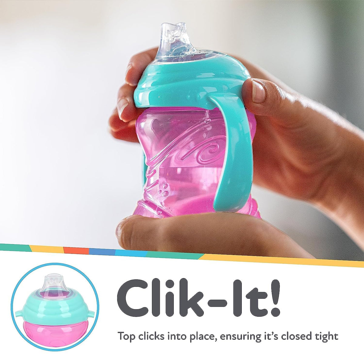 Nuby Clik-It Grip N' Sip Soft Spout No-Spill Training Sippy Cup with Handles - (3-Pack) 10 oz - 4+ Months - Aqua/Purple/Pink