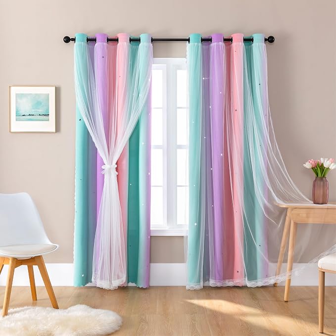 XiDi Curtains for Bedroom Kids Rainbow Pink Purple Green Curtains for Girls