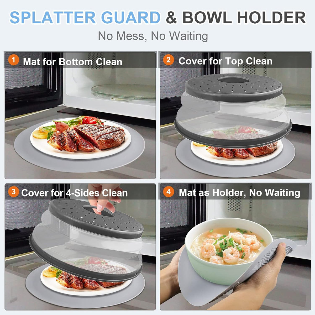 LekDrok 10 Inch Microwave Food Cover & Collapsible Silicone Mat - Splatter Guard, Plate Holder & Kitchen Colander for Meal Prep, Charcoal
