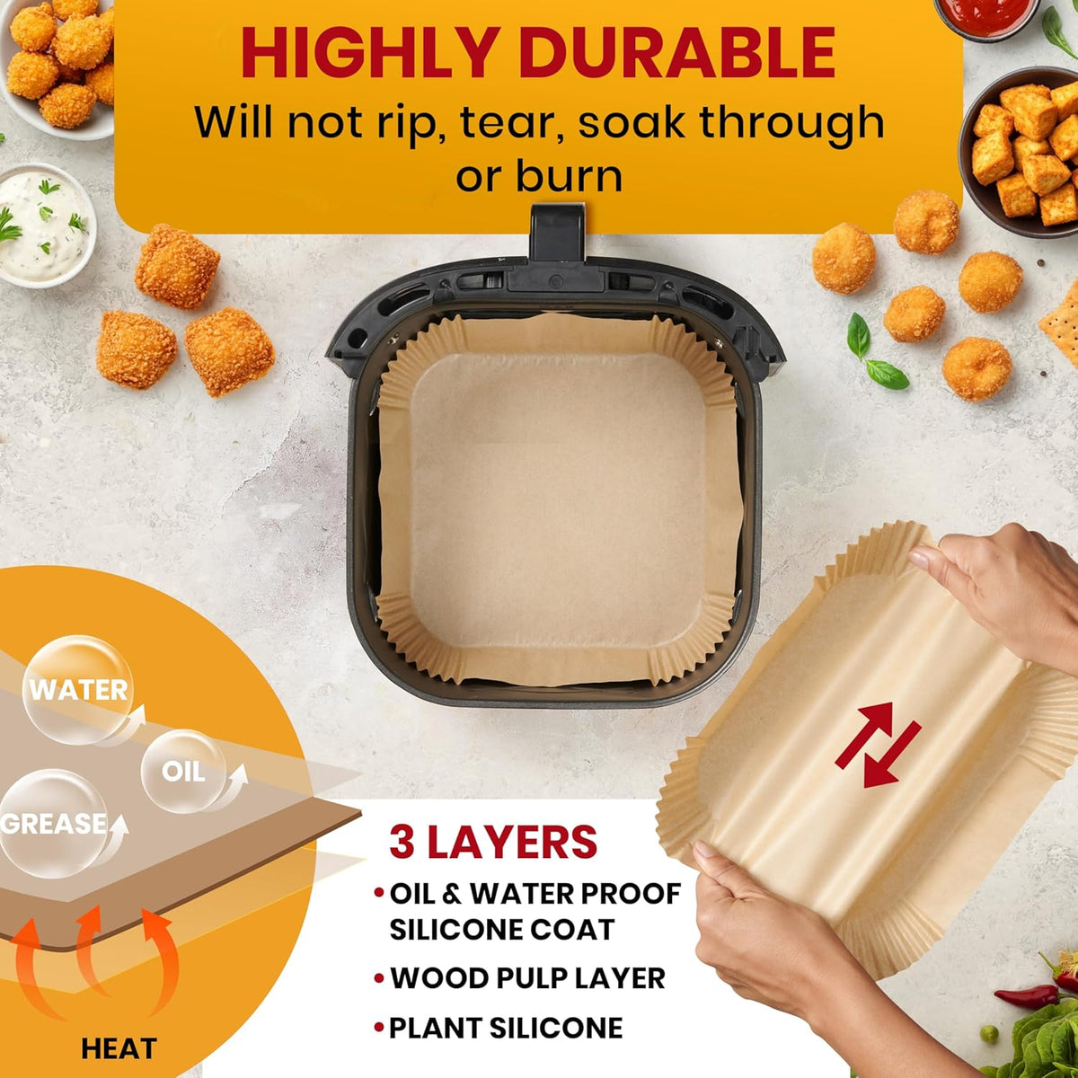 Air Fryer Paper Liners, 125Pcs Air Fryer Disposable Liners, Non-Stick and Oil Proof for Easy Cleanup, 8” Square for 5-8 qt Basket by Baker's Signature