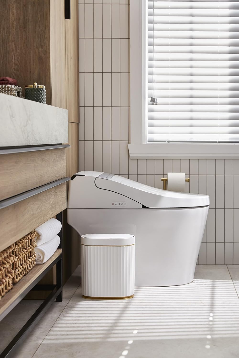 ELPHECO Automatic Motion Sensor Trash Can - 2 Gallon Slimline for Bathroom, Bedroom, Kitchen, Office - White with Gold Trim