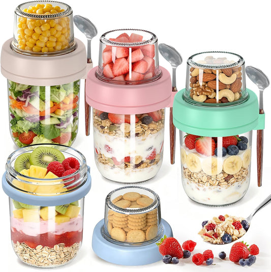 4 Pack Overnight Oats Containers with Lids and Spoons, 20 oz (16+4) Overnight Oats Jars with Dry and Wet Separation for Oatmeal Cereal Fruit Salad Yogurt, Dual-Layer Yogurt Containers with Lids