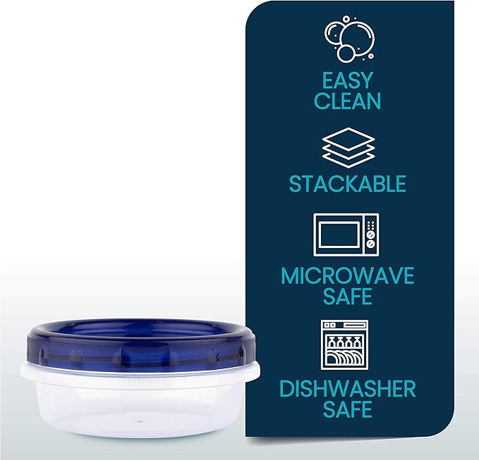 PLASTICPRO [8 oz 4 Pack] Deli Containers Clear bottom With blue Top Twist on Lids Reusable, Stackable, Food Storage Freezer Container