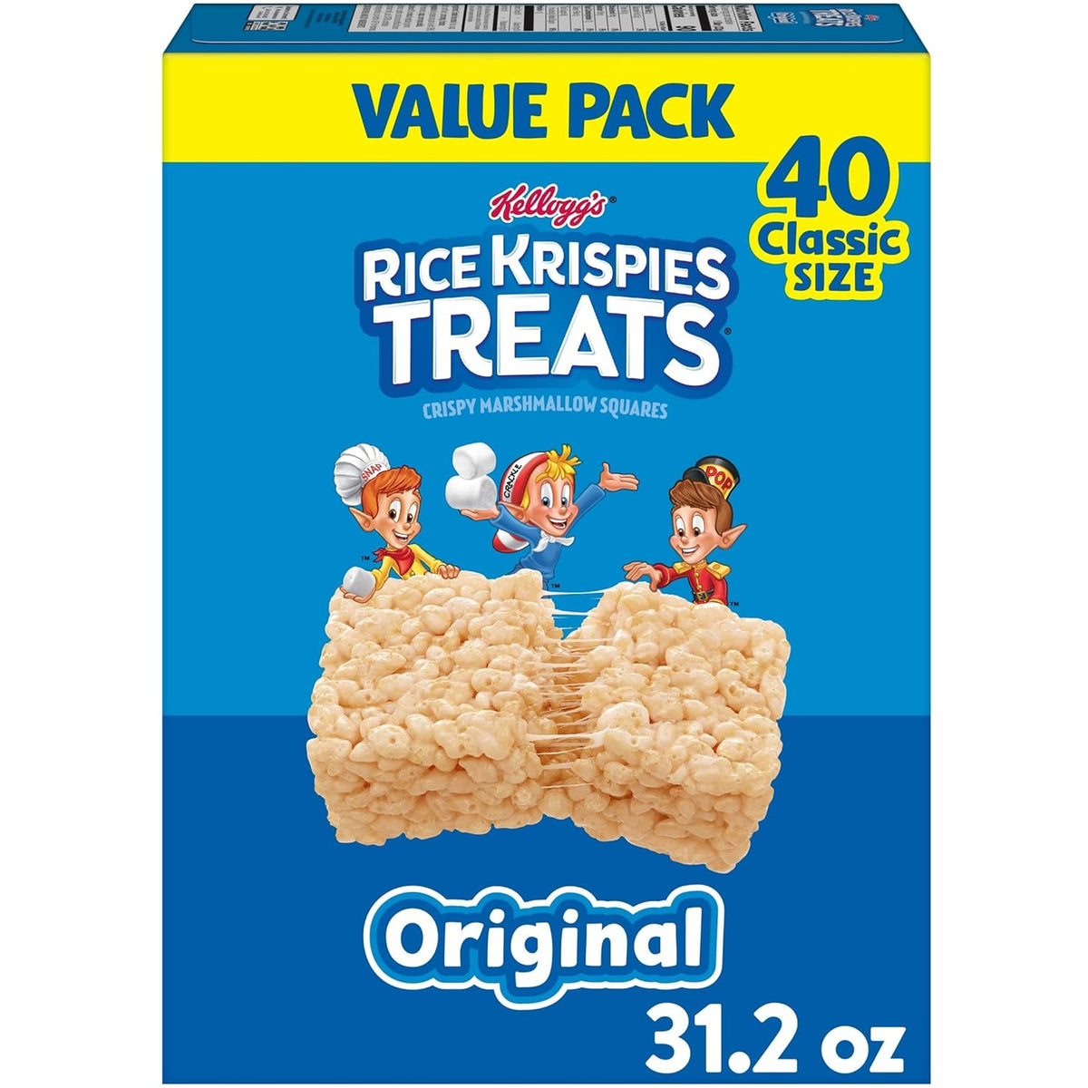 Rice Krispies Treats Crispy Marshmallow Squares, Kids Snacks, Snack Bars, Original, 31.2oz Box (40 Bars)