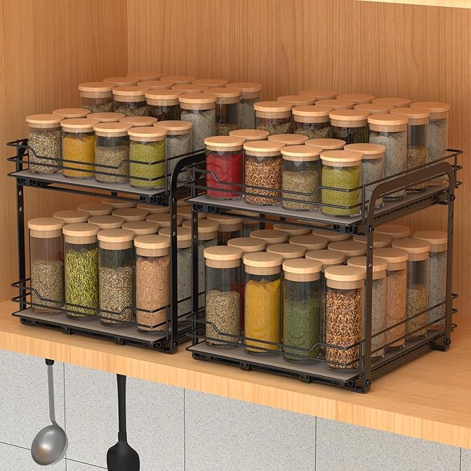 BOIVSHI 2-Tier Spice Rack, Pull Out Cabinet Organizer Spice Racks Height Adjustable Heavy Duty Metal Basket for Inside Cabinets & Pantry Closet(9.5''Wx10.5''Dx9.5''H)