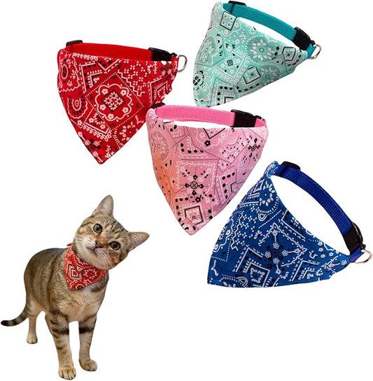 Cat and Puppy Bandana Collar Set, 4 Pack Adjustable Cotton Pet Neck Scarves with Buckle, Cute Patterns for Daily Wear & Holiday Photos