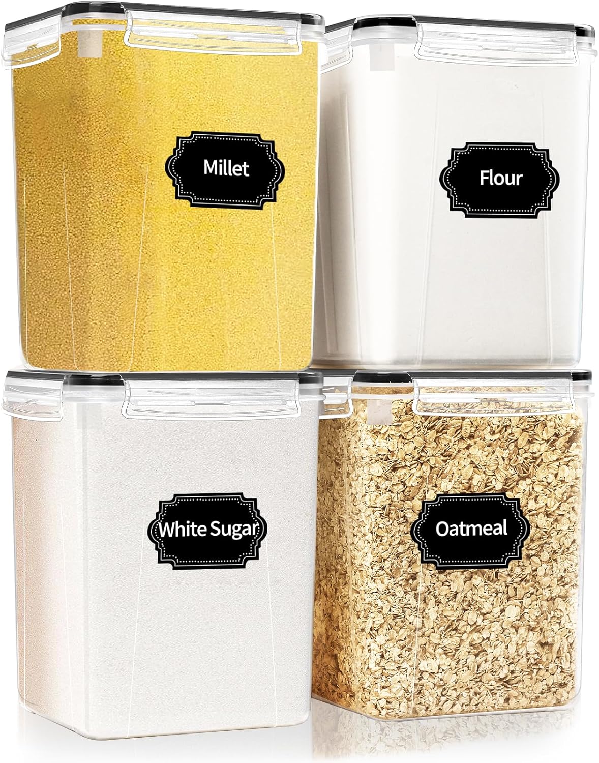 4 Pack Large Airtight Food Storage Containers with Lids (5.2L / 176oz), BPA Free Plastic Kitchen and Pantry Organization Contianers for Cereal Flour and Sugar Storage, Labels & Marker