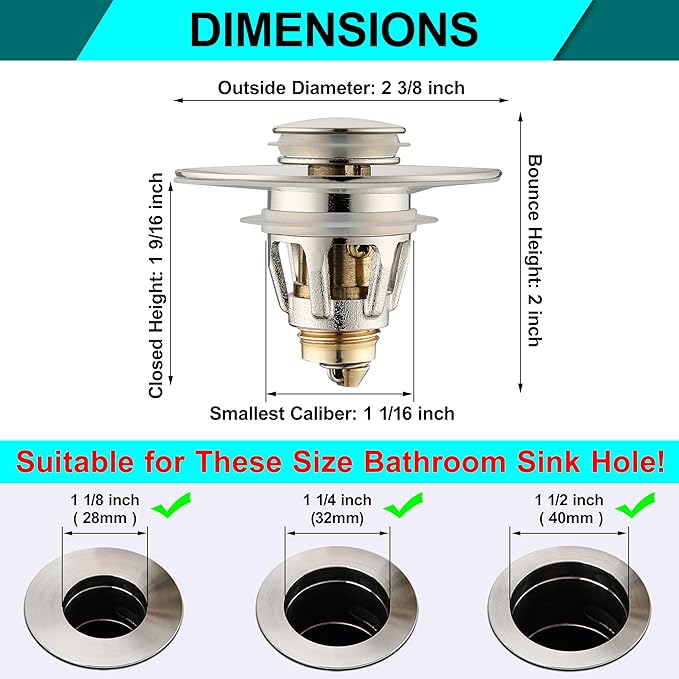 Universal Bathroom Sink Stopper - Bounce Wash Basin Drain Filter, Brushed Nickel Pop Up Drain Stopper, Bullet Core Push Type Sink Stopper, Sink Drain Plug with Anti-Clogging Strainer, for 1.1-1.5 inch