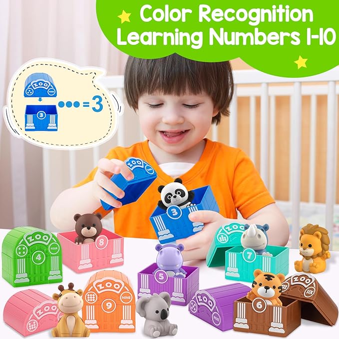 Learning Toys for 1,2,3 Year Old, 20 Pcs Safari Animals Toy, Counting Skill, Color Matching, Montessori Toys, Christmas Birthday Easter Educational Gift for Baby Toddler Boys Girls Age 12-18 Months