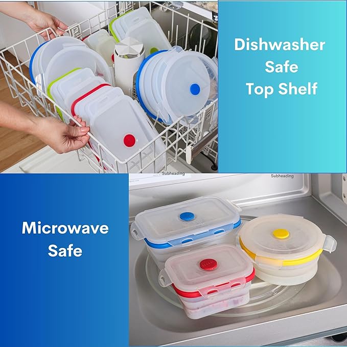 ECOBERI Collapsible Food Storage Containers, Silicone Round 4 Piece Set, 14/17/27/40 oz, BPA-Free, Space-Saving, Airtight Lids, Microwave Safe Without Lid, Freezer and Dishwasher Safe