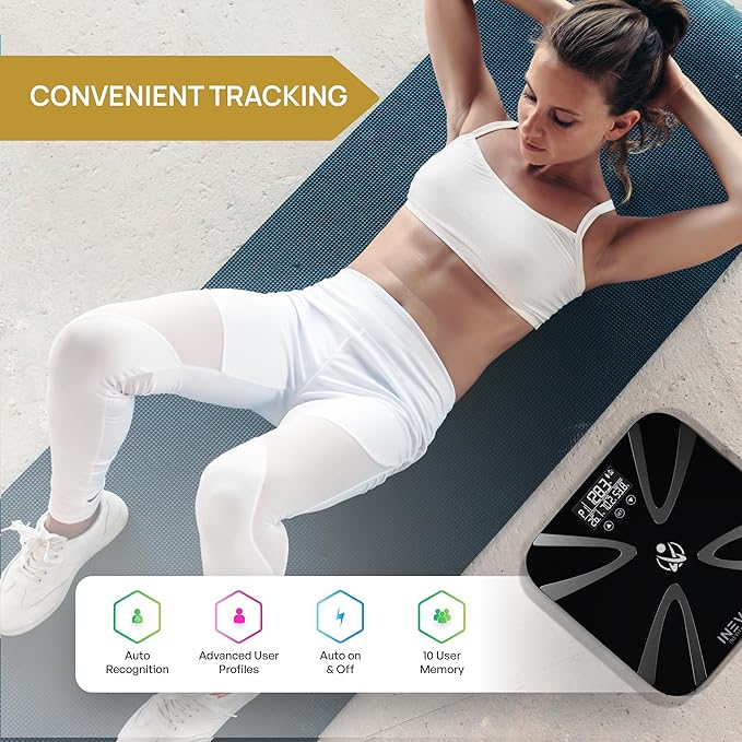 INEVIFIT Body Fat Scale, Highly Accurate Digital Bathroom Body Composition Analyzer, Measures Weight, Body Fat, Water, Muscle, BMI, Visceral Levels & Bone Mass for 10 Users. Includes Batteries.