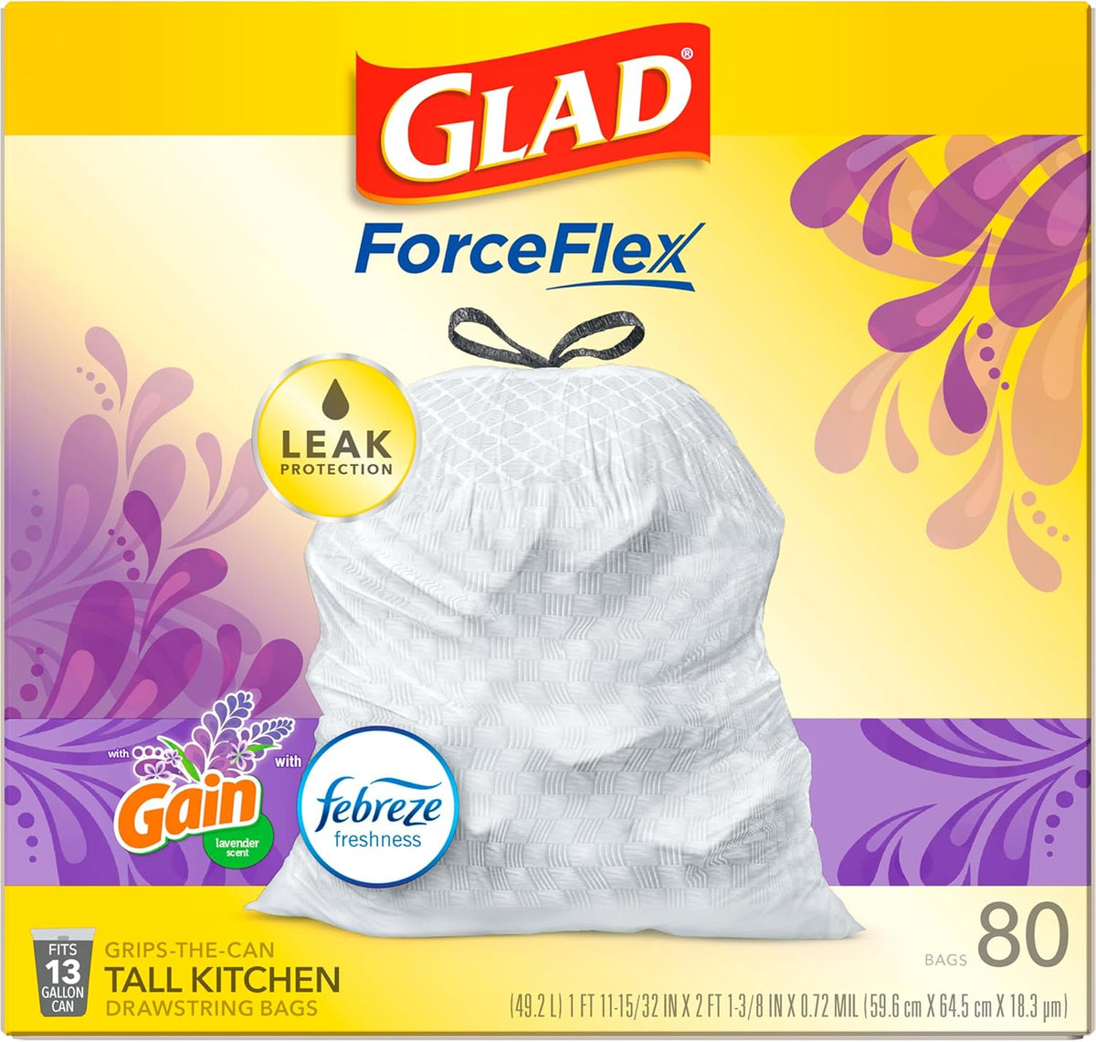 Glad ForceFlex Tall Kitchen Trash Bags, 13 Gal, Gain Lavender with Febreze, 80 Ct (Pack May Vary)
