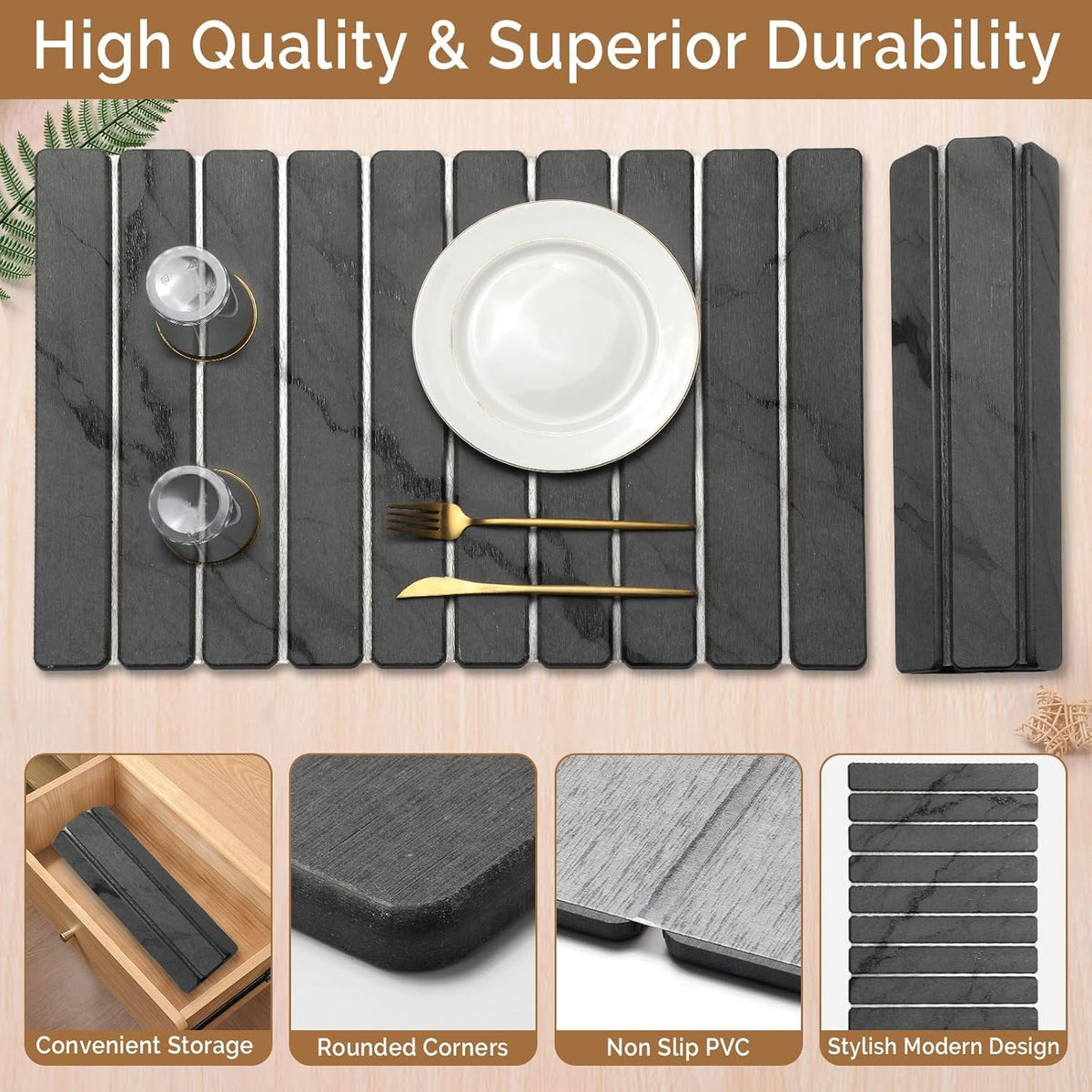 Large Stone Dish Drying Mat for Kitchen Counter,2 PCS Quick Dry Stone Dishes Mats,Foldable Water Absorbing Diatomaceous Earth Drying Pad for Countertop Bottles Utensils Cups(Dark Gray 24"×16" & 8"x4")