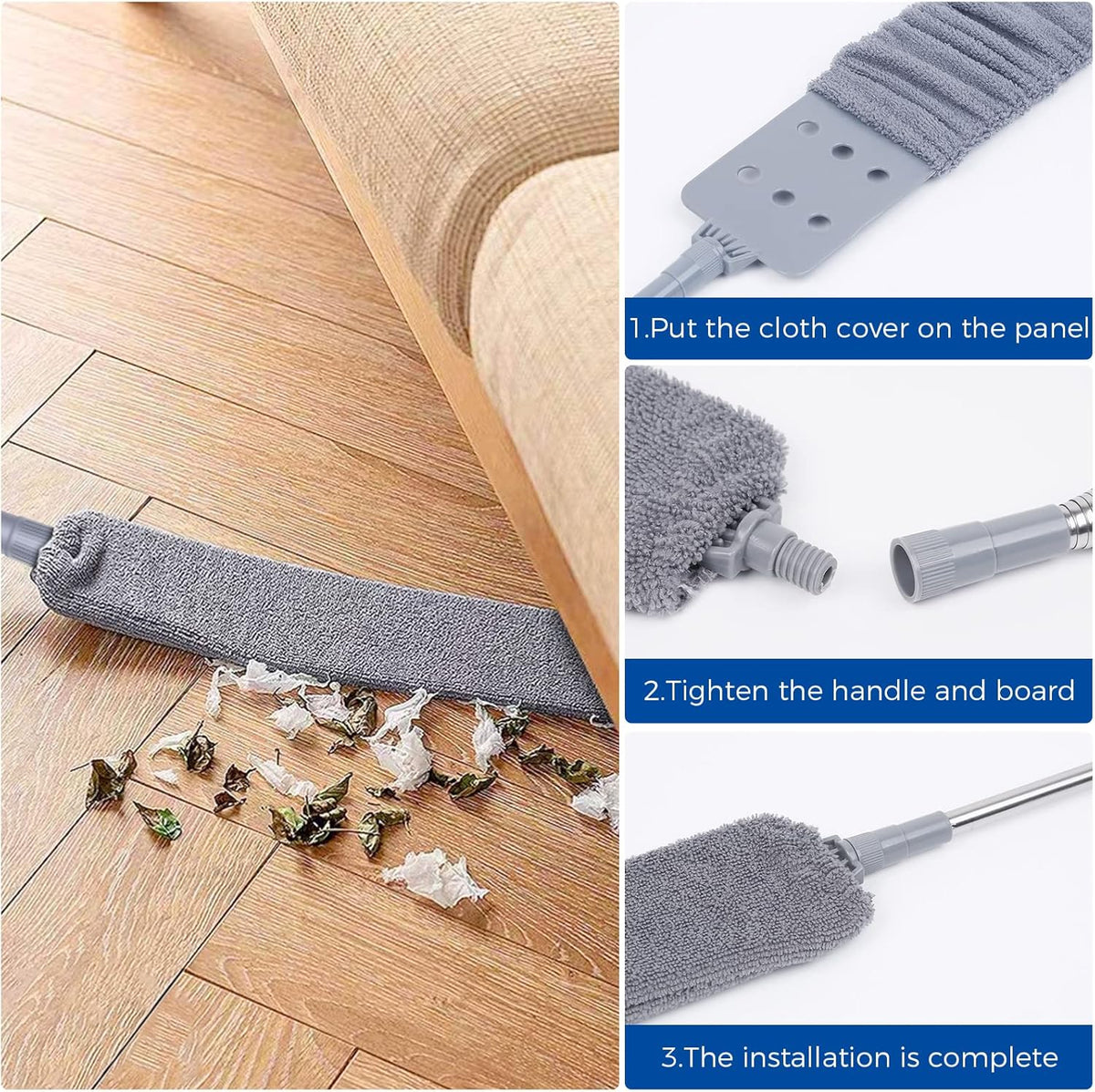 Retractable Gap Dust Cleaner Cleaning Tools with 2 Microfiber Dusting Cloths Long Handle 60inches Washable and Retractable Duster Brush for Cleaning Under Appliances Furniture Couch Fridge