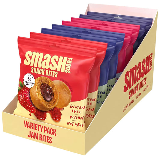 Smash Foods Variety Snack Bites to Go - Gluten Free Vegan Protein Balls Made with Nut Butters and Superfood Jam with Chia Seeds 8 Packs