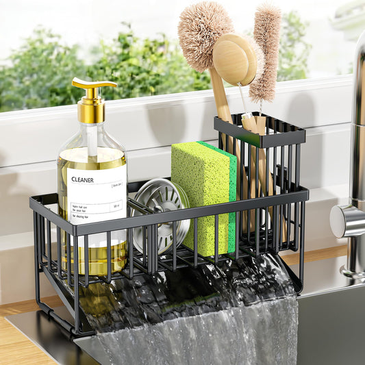 Cisily Sink Caddy Sponge Holder for Kitchen with Brush Holder and Stainless Steel Self Drain Tray, Rustproof Kitchen Sink Organizer for Sponge, Soap Dispenser Storage Accessories