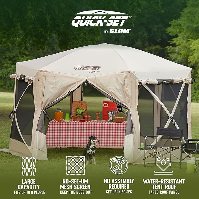 CLAM Pop Up Screen Tent, Outdoor Camping Gazebo Canopy, Pavilion, 12.5', Tan