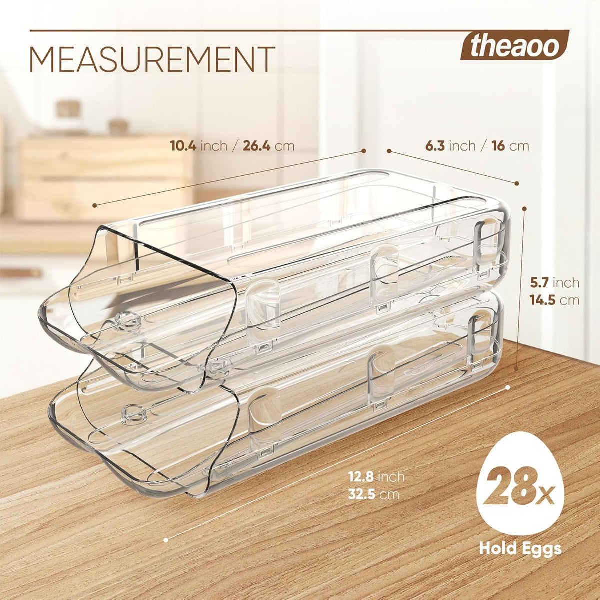 theaoo Egg Holder for Fridge, Automatic Rolling Egg Container for Refrigerator, Clear Plastic Egg Dispenser, Stackable Eggs Organizer with Quick Removable inner Tray For Organizers and Storage, 2 Pack