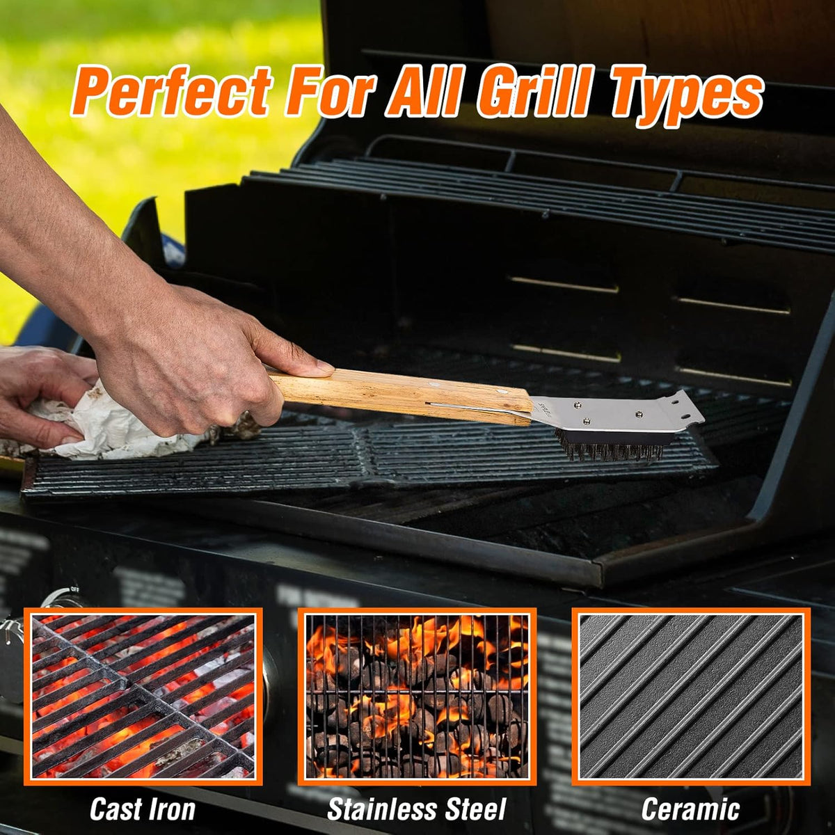 SIMPLETASTE Grill Brush and Scraper for BBQ, Durable & Effective, Replaceable Stainless Steel Head, Wooden Handle Wire Grill Brush for Outdoor Grill, Barbecue Accessories