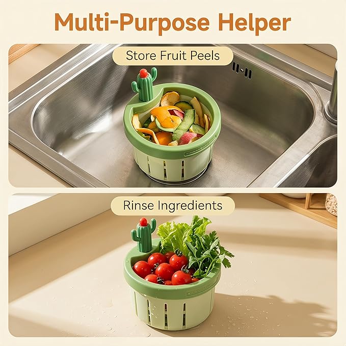 Cactus Kitchen Sink Drain Strainer, 2026 Upgrade Press to Dump Basket Waste Collector, Multifunctional Kitchen Sink Drain Strainer Fun Sink Accessory for Home Bathroom (Green 2 Pcs)
