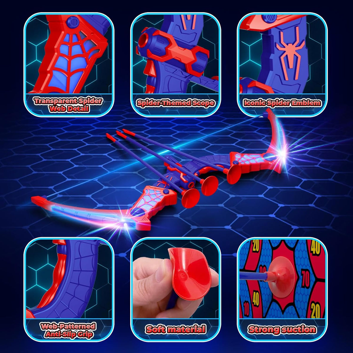 Spider Toys for Boys Age 3-4 4-6 6-8 8-12, Kids Toy BowArrow Shooting Set with Red & Blue LED Lights, Spider Quiver & Web Target, 8 Suction Cup Arrows, Toys Gifts for 3 4 5 6 7 8 9 10 12 Year Old Boys