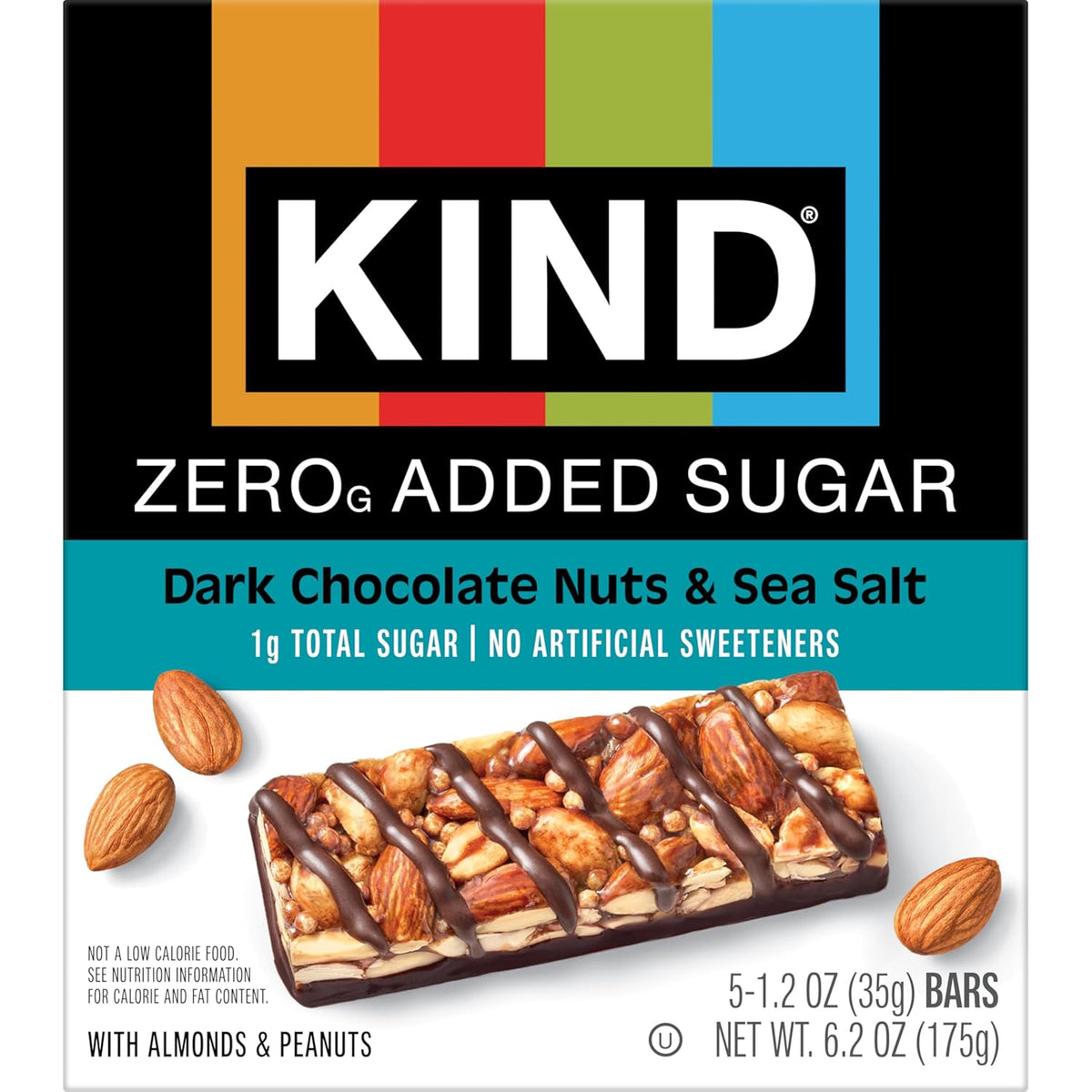 Kind Zero Added Sugar Healthy Snacks Bars, Dark Chocolate Nuts & Sea Salt, Gluten Free, High Fiber, Keto Snacks, 5g Protein, 5 Count