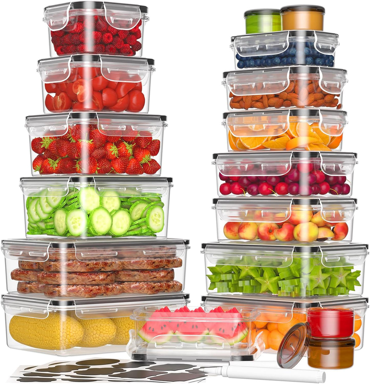 36-Piece Food Storage Containers with Lids(18 Container & 18 Lid), Plastic Food Containers for Pantry & Kitchen Storage and Organization, BPA-Free, Leak Proof, Reusable with Labels & Pen