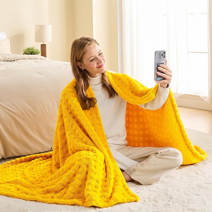 NEWCOSPLAY Super Soft Queen Blanket Yellow Premium Silky Flannel Fleece 3D Waffle Checkered Lightweight Bed Blanket All Season Use (Mustard Yellow, Queen(90"x90"))