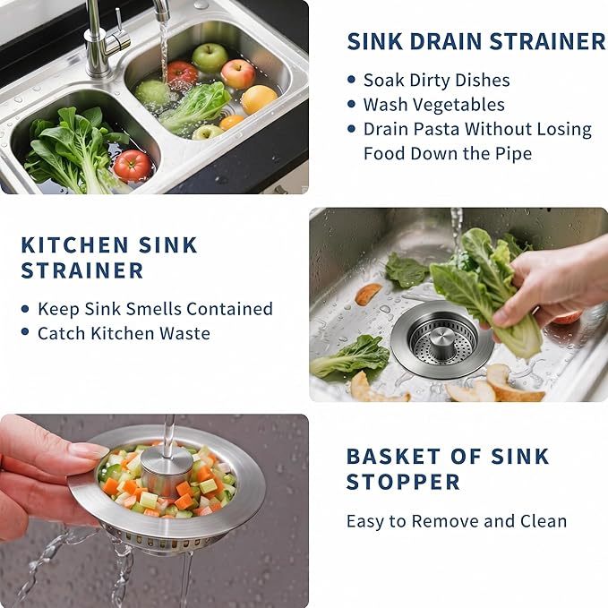 3-in-1 Kitchen Sink Drain Strainer and All-Purpose Scrub Sponges, Sink Stopper Pop-Up Drain Plug with Anti-Clogging Food Catcher Basket, Fits US Standard 3-1/2 Inch Sinks,Sponge Cleaning Dish