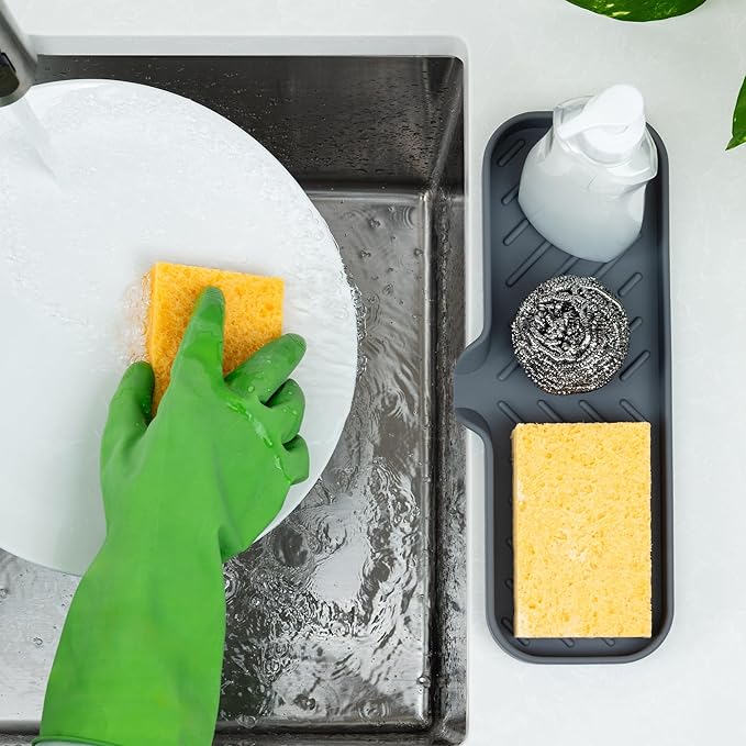 Zulay Kitchen Large Silicone Sponge Holder (12x4) – Flexible Sink Organizer Tray for Kitchen & Bathroom – Multipurpose Soap Dish for Sponges, Makeup, Trinkets & More (Grey)