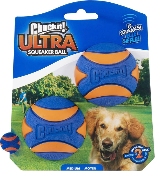 Chuckit! Ultra Squeaker Balls for Dogs, Floating Water Pet Toys, Durable Rubber Pet Toy, Bouncy Squeaky Fetch Balls For Dogs, Pack of 2, Medium (2.5")