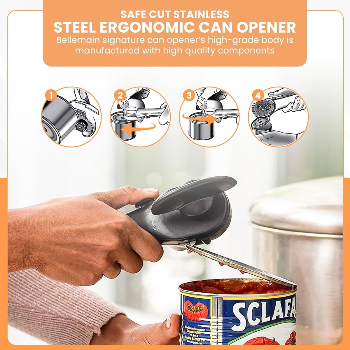Bellemain Stainless Steel Can Opener – Manual Can Opener For seniors - Ergonomic Smooth edge Can Opener Hand Held Heavy Duty – Easy to use can opener safe cut