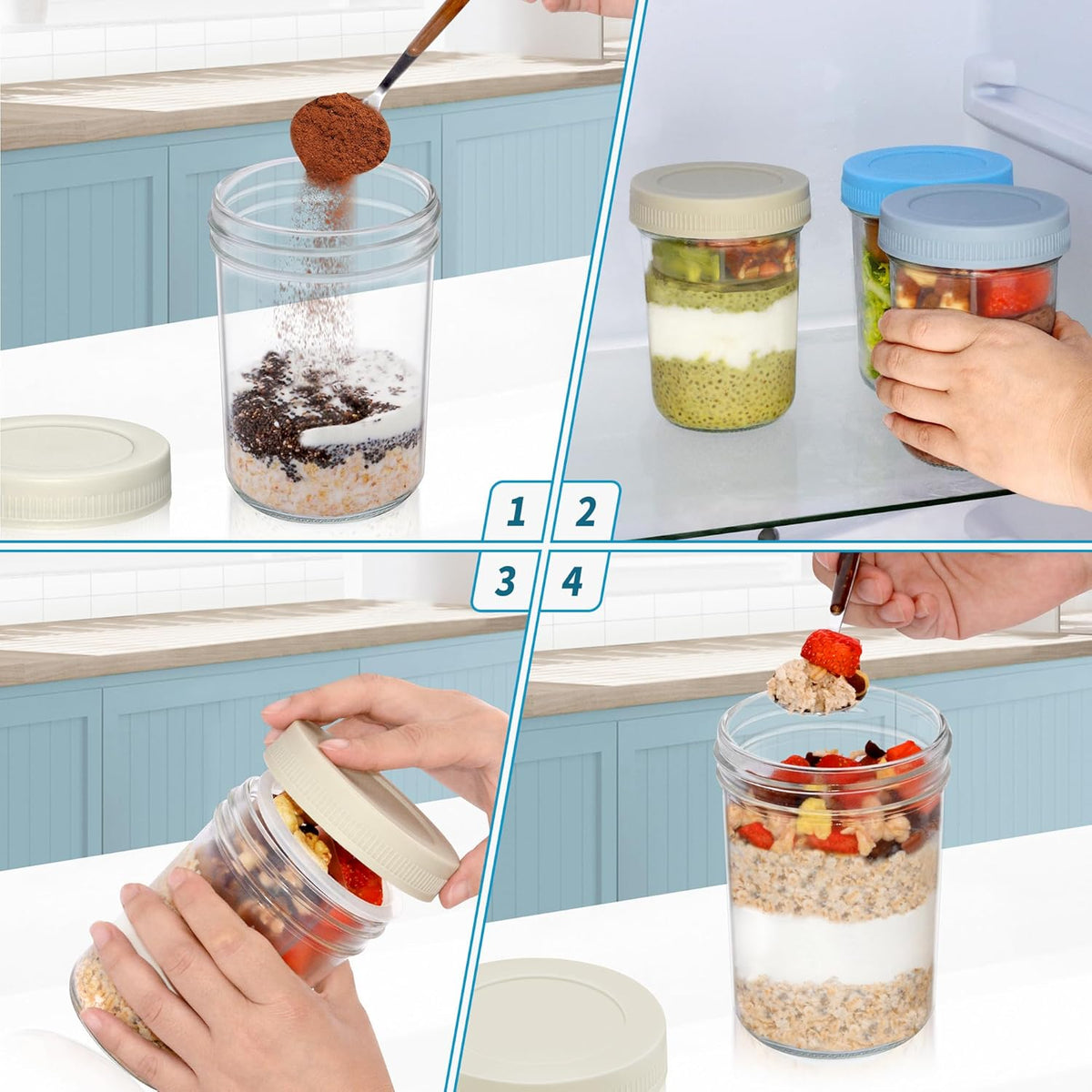 16 oz Overnight Oats Containers with Airtight Lids - 6-Pack Leak-Proof Wide Mouth Mason Jars & Divided Cups for Dried and Wet Foods, Glass Jars for Chia Pudding, Salad, Snacks, and Yogurt