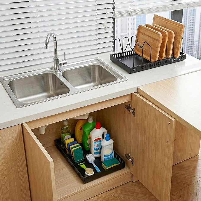 2 Pack Pull-Out Pots and Pans Organizer Under Cabinet, Slide-Out Pot Lid Holder with 8 Adjustable Dividers, No-Drill Adhesive Kitchen Cabinet Storage Rack (Black)
