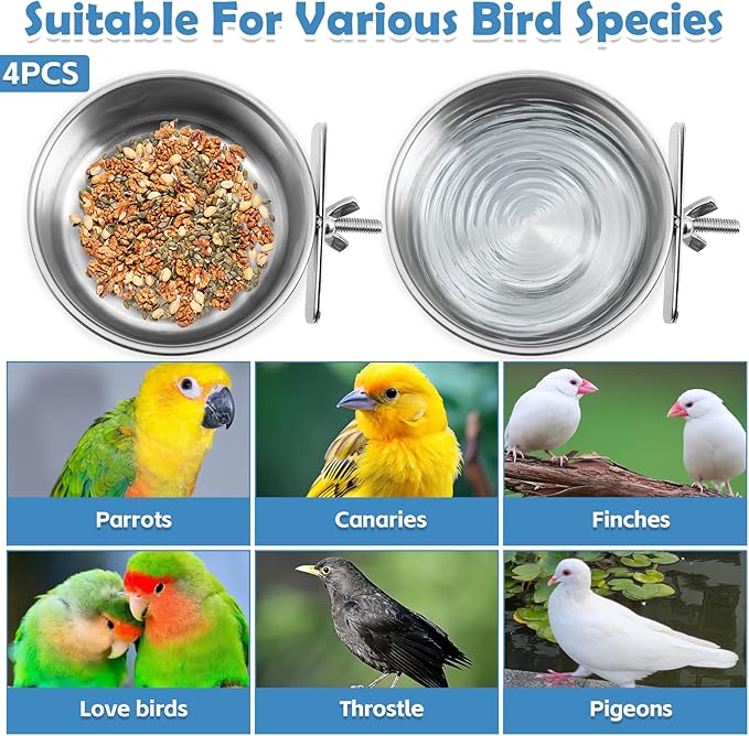 kathson 4 Pack Bird Feeding Dish Cups, Stainless Steel Parrot Feeders Water Cage Bowls with Clamp Holder Bird Feeders for Parakeet Cockatiels Conure Budgies Lovebird Finch and Small Animals