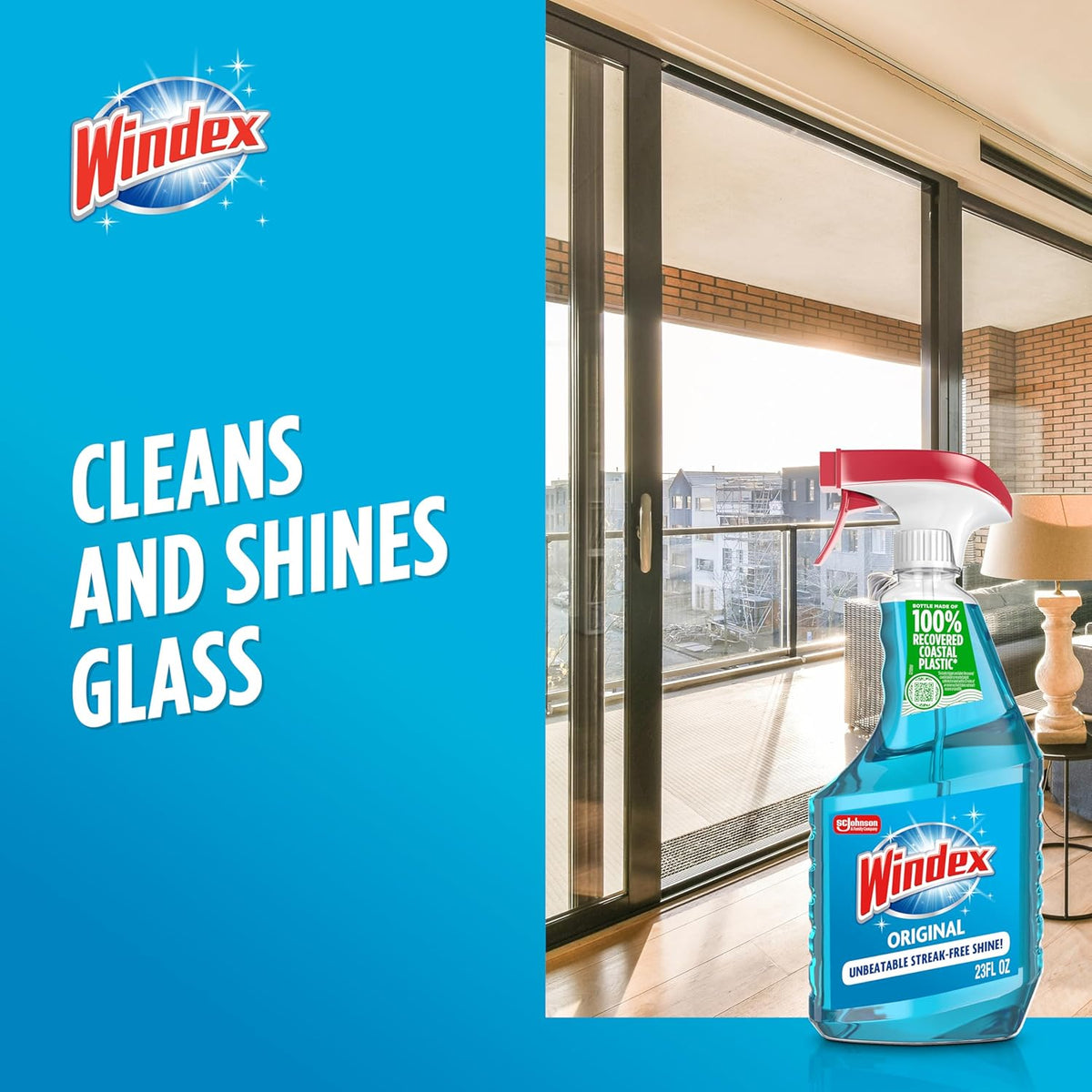 Windex Glass and Window Cleaner Spray Bottle, Packaging Designed to Prevent Leakage and Breaking, Surface Cleaning Spray, Original Blue Scent, 23 Fl Oz