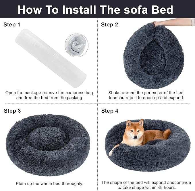 Dog Calming Beds for Small Medium Large Dogs - Round Donut Washable Puppy Dog Bed, Anti-Slip Faux Fur Fluffy Donut Cuddle Anxiety Cat Pet Bed(24" Dark Grey)
