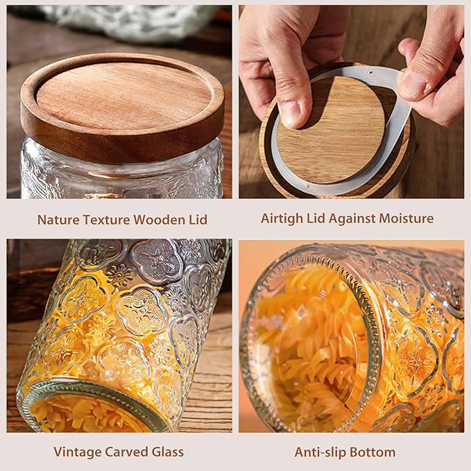 24 OZ/4 PCS Glass Storage Jar with Airtight Bamboo Wooden Lids, Vintage Food Containers Canisters Sets for Kitchen Counter Pantry, Sugar, Flour, Candy, Tea, Coffee Beans, Oats, Grain Bin, Pasta,