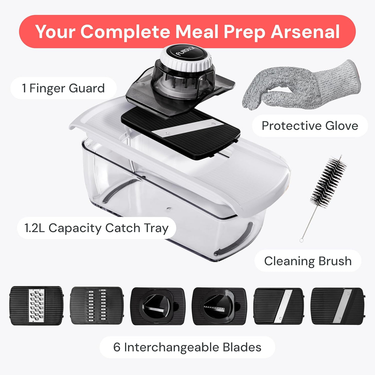 Fullstar Mandoline Slicer for Kitchen, Fruit Cutter, Cheese Grater, Cucumber Slicer, Veggie Spiralizer, Food Cutter & Kitchen Gadgets & Gifts with Safety Glove (6 in 1, White)