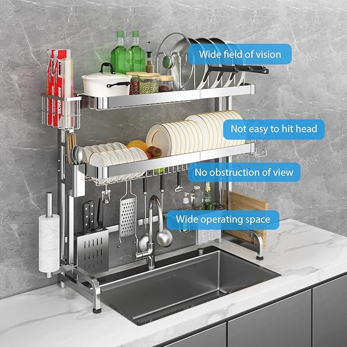Over The Sink Dish Drainer Drying Rack, Full Stainless Steel 3-Tier Adjustable Length Over Sink Dish Drying Rack, Large Capacity Dish Rack Over Sink for Kitchen Counter, Pots & Pans Rack