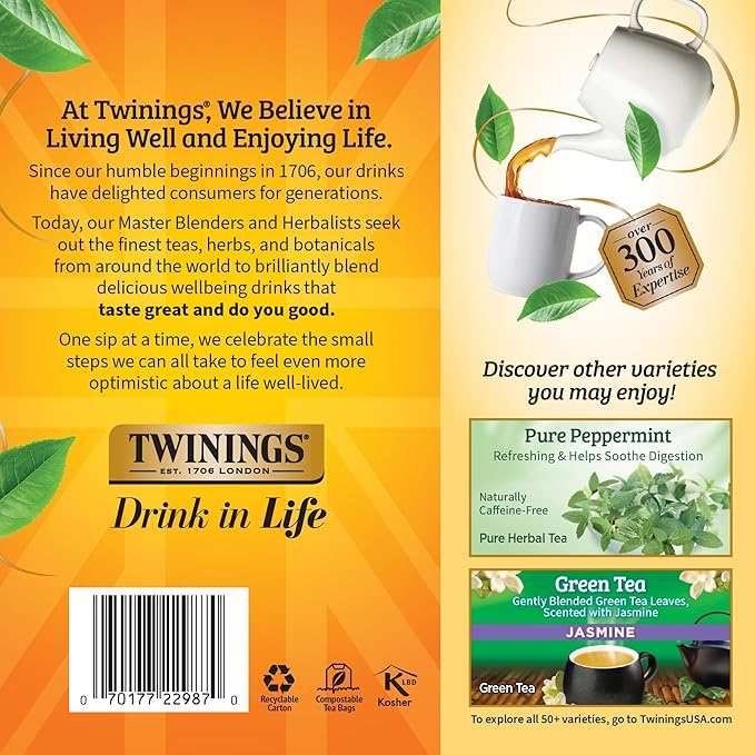 Twinings Lemon & Ginger Herbal Tea Individually Wrapped Bags, 100 Count (Pack of 1), Tangy Lemon, Spicy Ginger, Naturally Caffeine-Free, Enjoy Hot or Iced, 100 Teabags