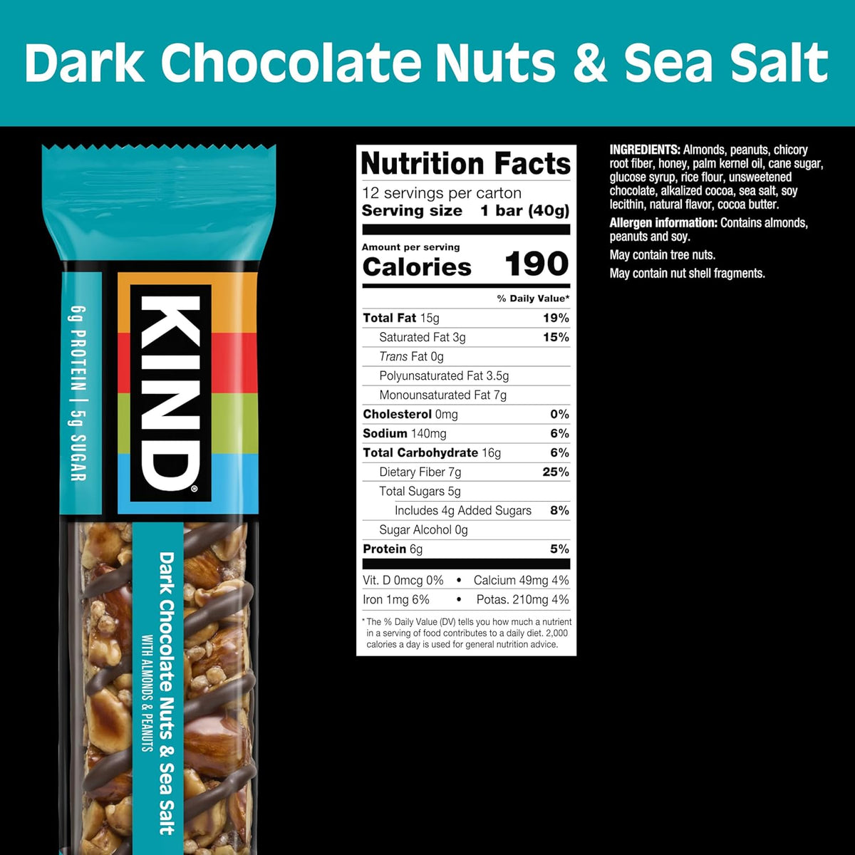 KIND Healthy Snacks Bars, Dark Chocolate Nuts & Sea Salt, Gluten Free, Low Sugar, High Fiber Snacks, 6g Protein, 12 Count
