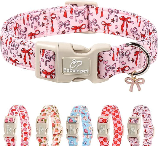 Girl Dog Collar for Large Dogs - Cute Heart Bow Print Girly Dog Collars, Soft Adjustable Spring/Summer Holiday Female Dogs Collar with Quick-Release Buckle L