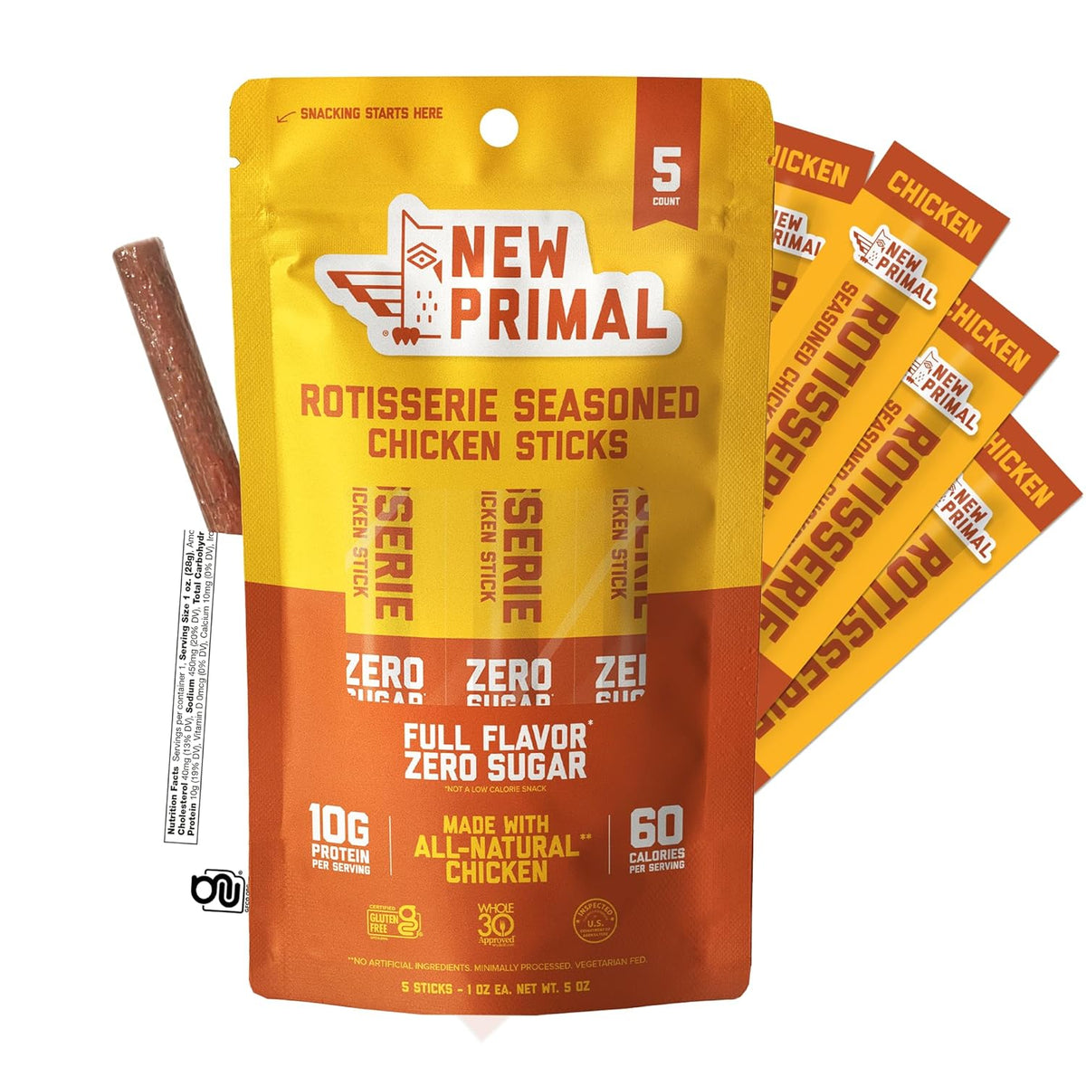 New Primal Rotisserie Chicken Sticks, Zero Sugar High Protein Snack, Gluten Free Whole30 Healthy Snacks, Keto and Paleo Friendly, Jerky Meat Stick, 10g Protein, 5 Count