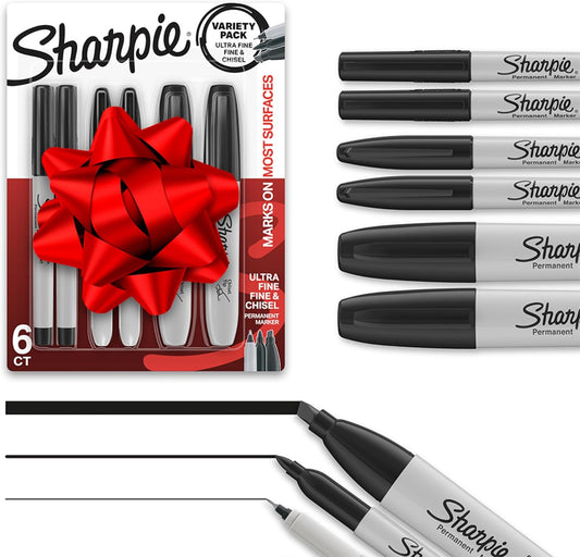 Sharpie Permanent Markers Variety Pack, Includes Chisel, Fine, and Ultra-Fine Tips, Marker Set, Writing, Coloring, Poster, Office, School Supplies, Black, 6 Count